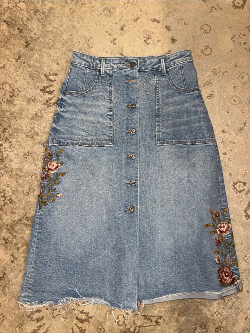 Driftwood Denim Button-Front Embroidered Midi Skirt - Light Blue
